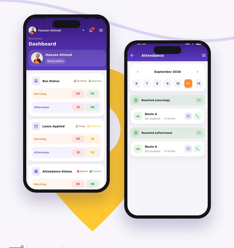 SmartTrack admin dashboard and fleet app screens