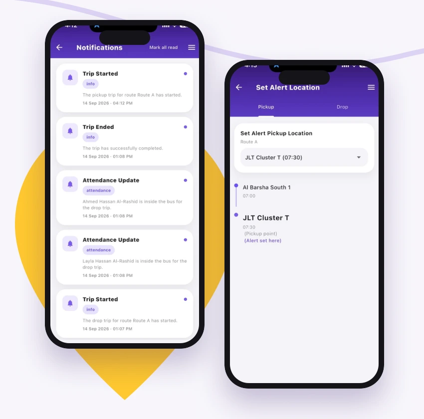 SmartTrack parent app showing alert points and notification settings