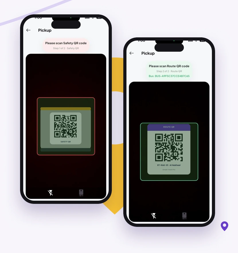 Safety QR scanning screens in the bus assistant app